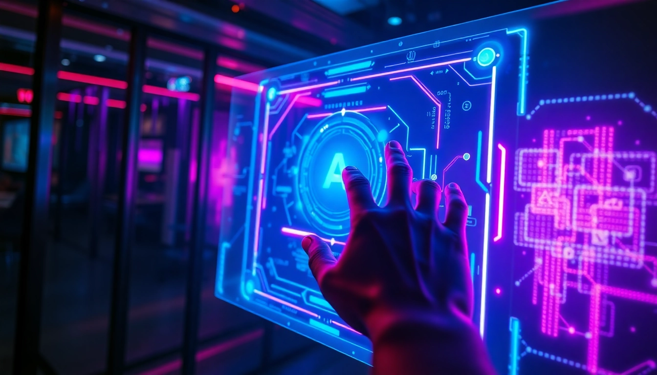 Futuristic AI interface hologram with neon colors in a high-tech room, illustrating adult AI technology concept.