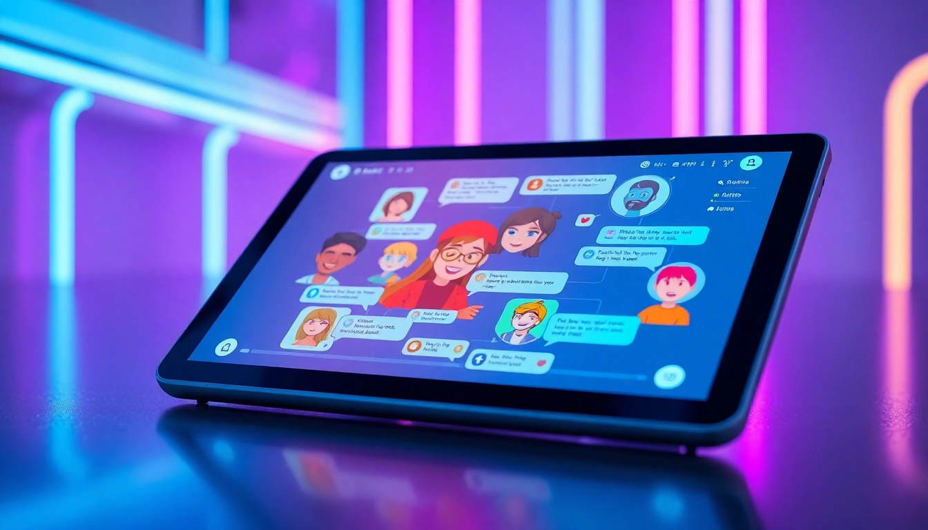 Digital illustration of AI chat characters on a tablet screen with neon lights and holographic effects