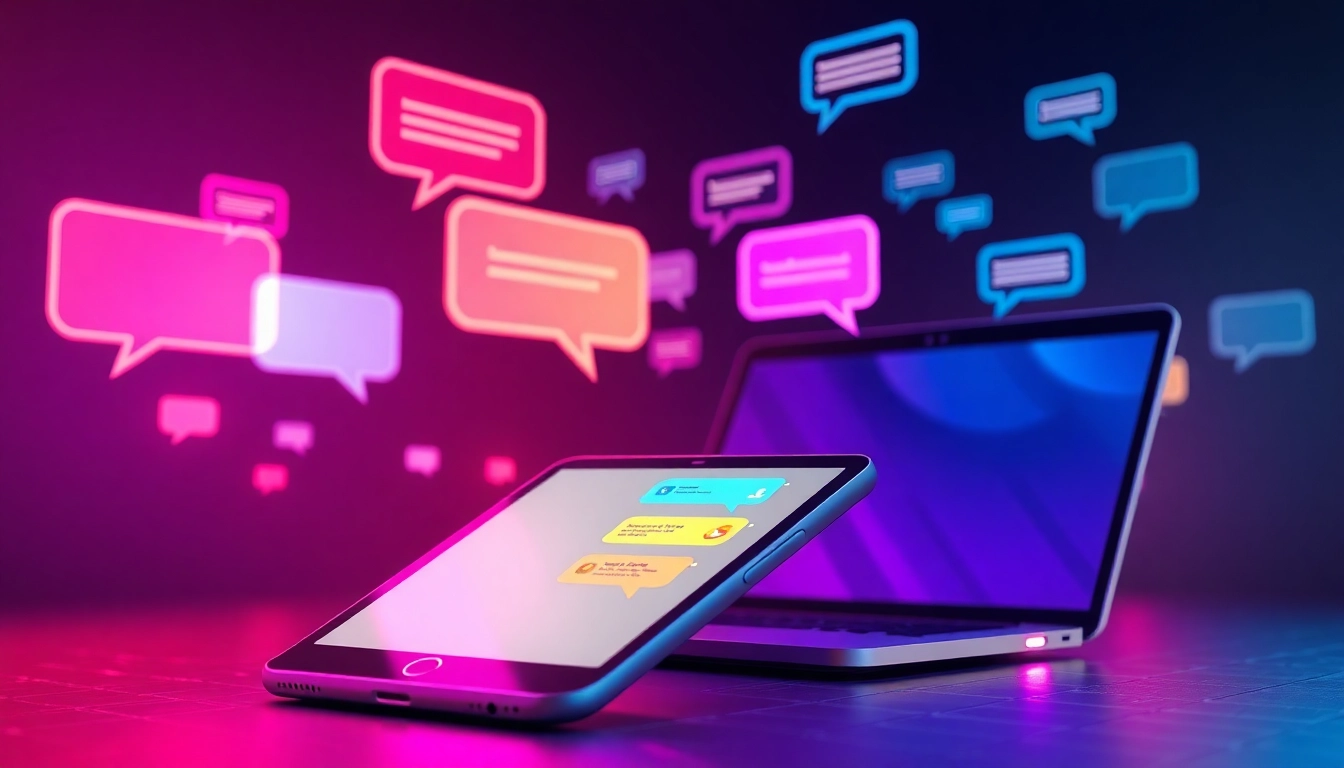 Illustration of a digital chat interface with colorful speech bubbles on devices in a futuristic setting.