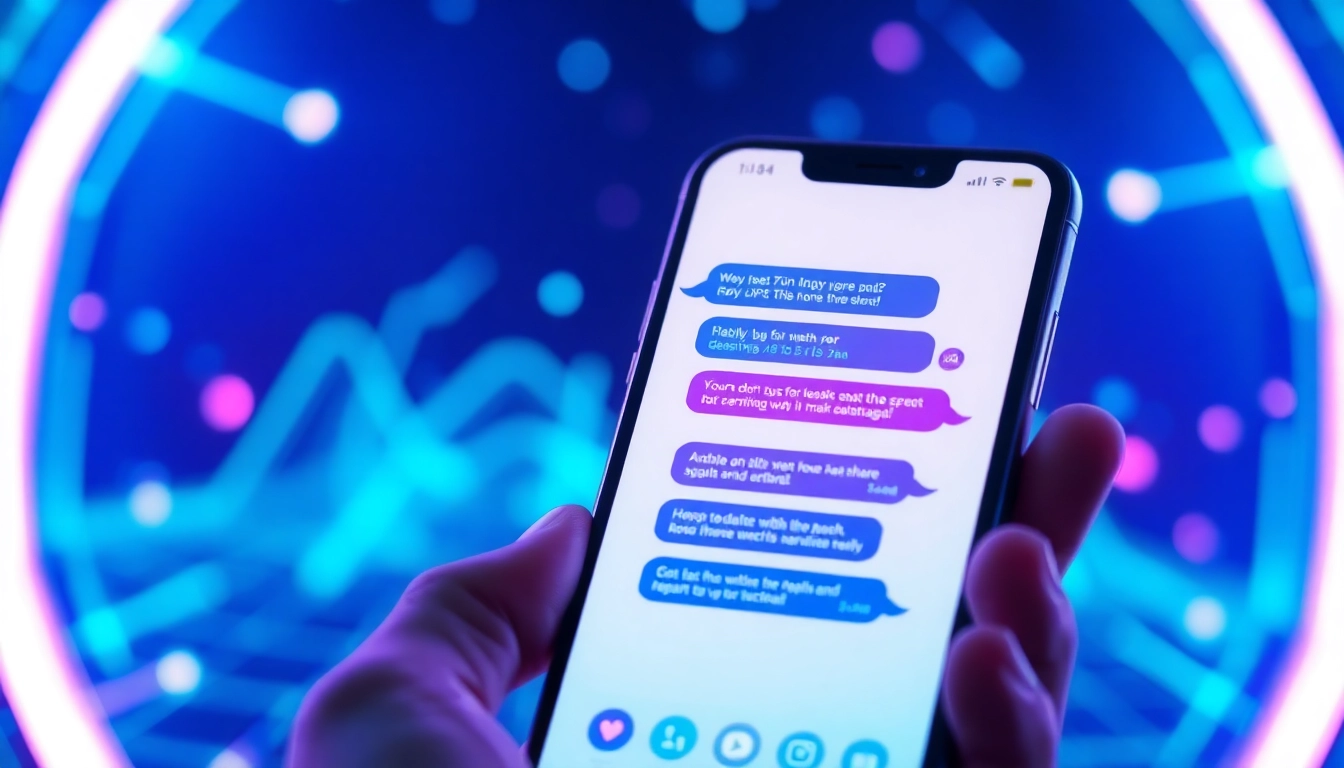 Close-up of a smartphone displaying a colorful AI chat interface with futuristic design elements