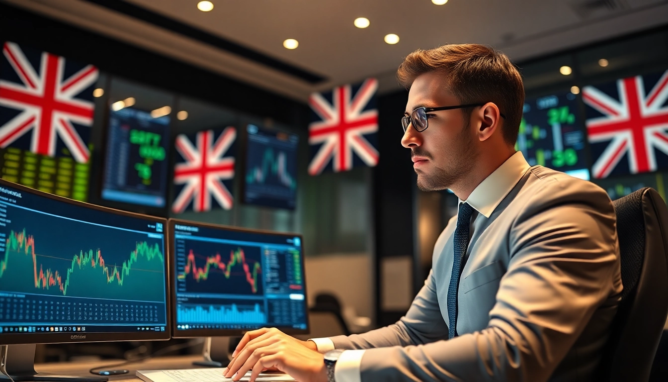 UK stocks and shares investing guide with a professional analyzing data on screens for expert