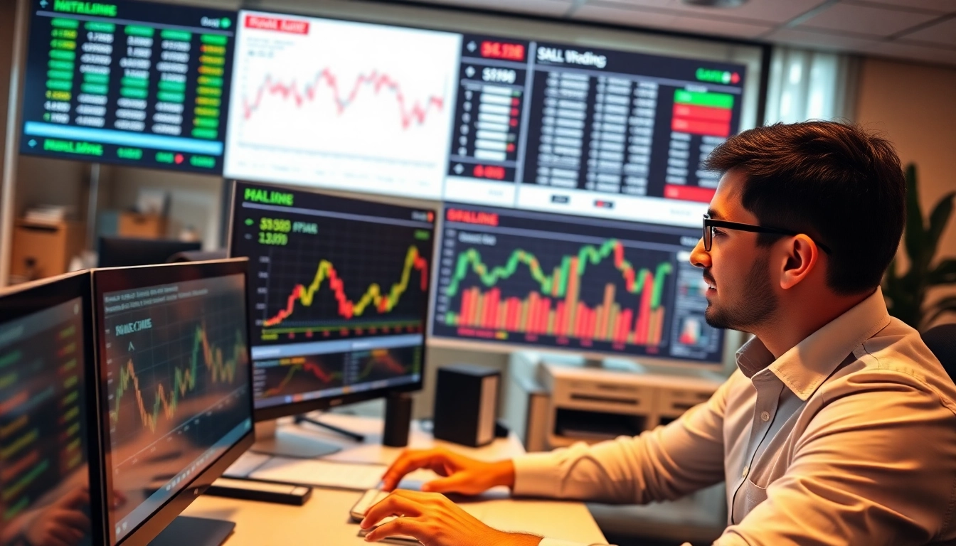 Professional analyzing share trading UK data on digital screens for informed investment decisions