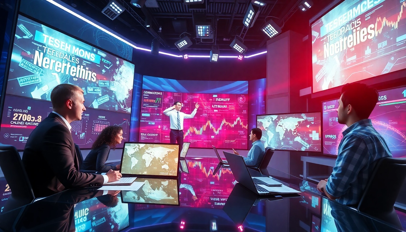 Tech Giants News analysts reviewing digital trends with futuristic screens in a modern newsroom