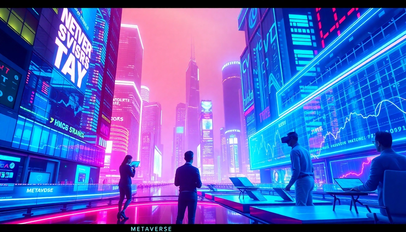 Metaverse Investment News Investors analyzing virtual environments in a digital cityscape scene